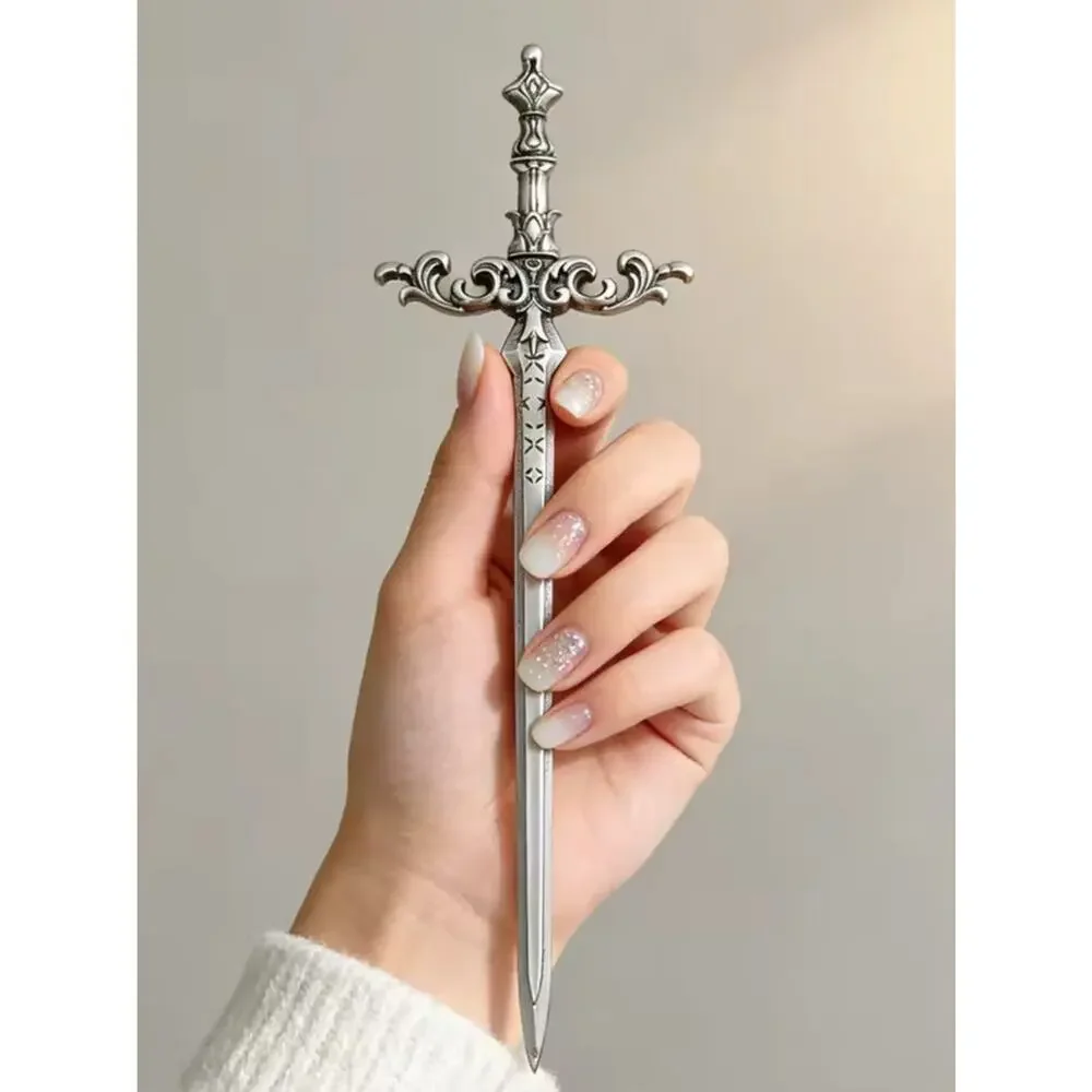 Silver Viking Celtic Sword Hair Stick Ornate Medieval Hair Accessory